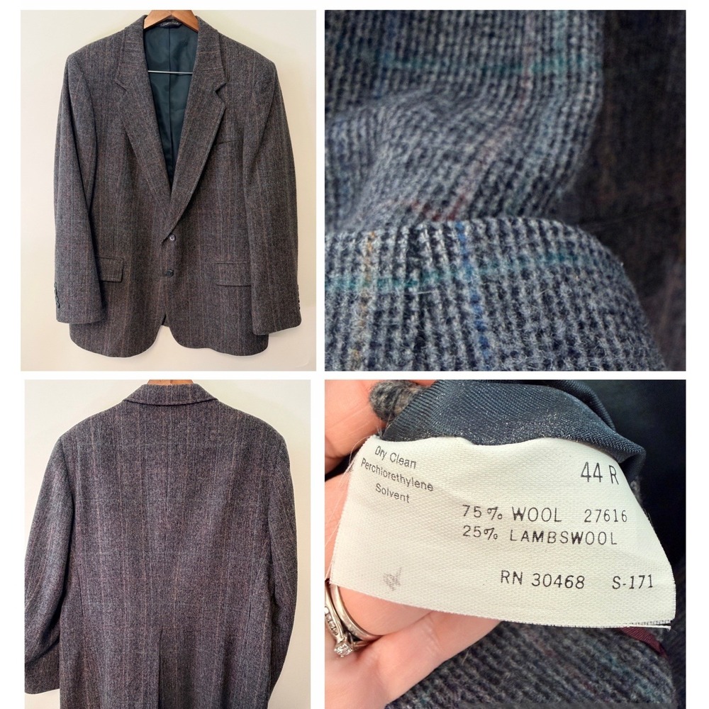 Vtg 70s/80s Ivy League Lambswool Tweed Jacket Men 44R Blue Red Windowpane Plaid